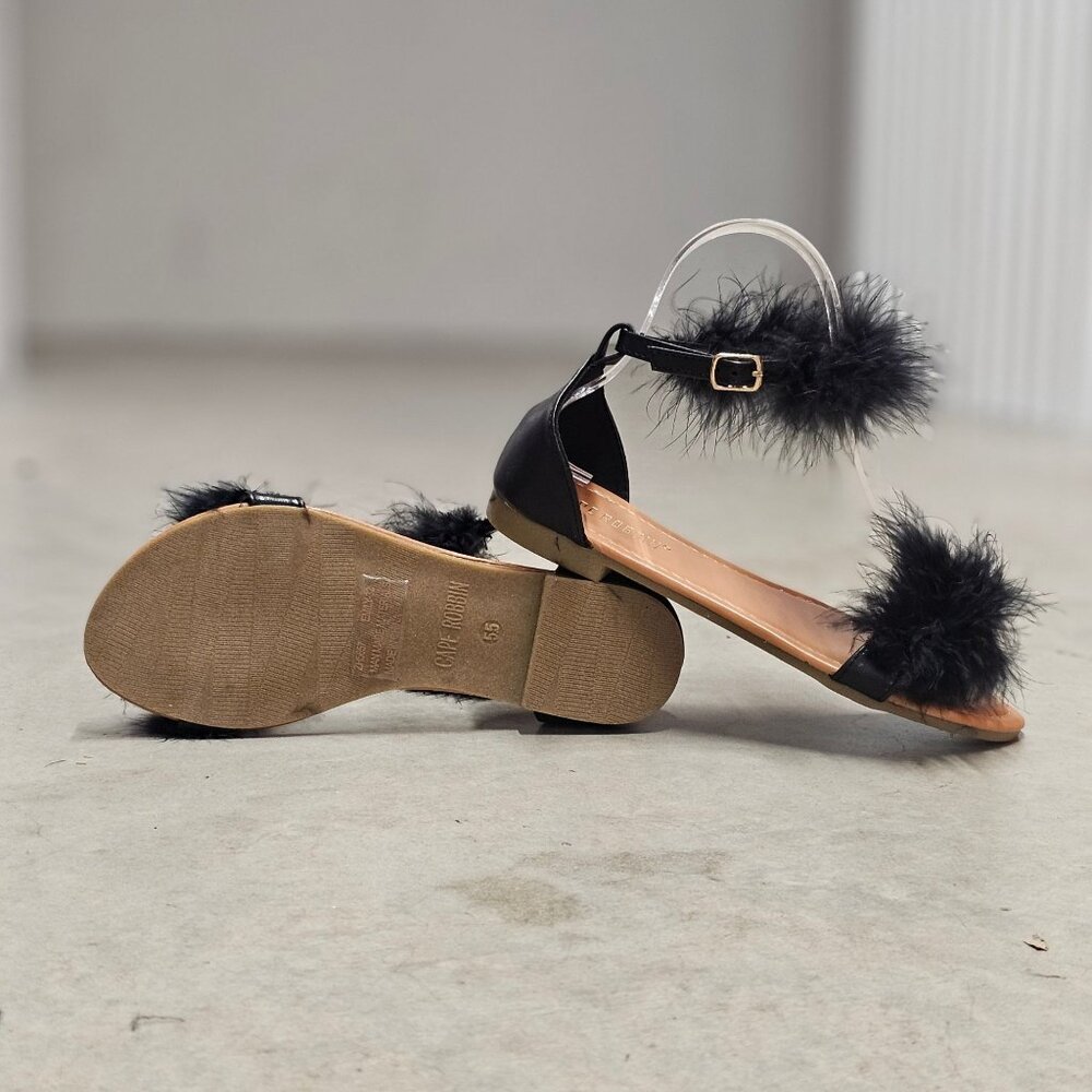 Faux Fur Black Ankle Strap Flat Sandals - Picture 6 of 7